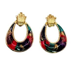 Vintage Swirl Hoop Earrings Teardrop Enamel Gold Tone Multicolor Fashion Jewelry